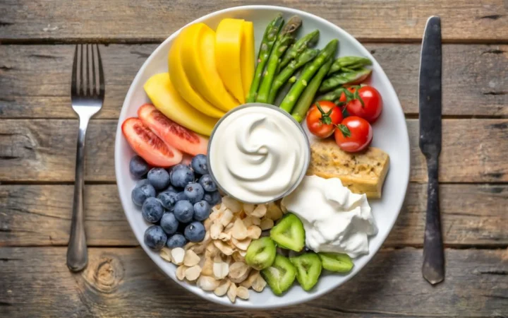 balanced diet plate, small portion whipped cream, fruits, vegetables, grains, nutrition emphasis