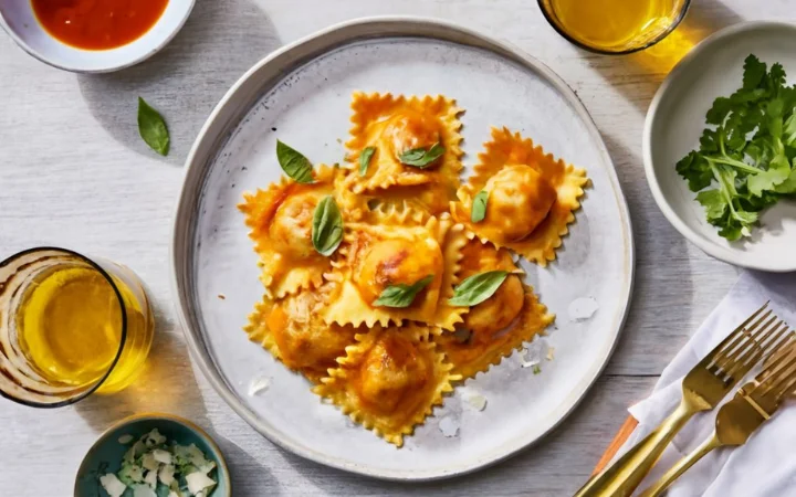 a visually enticing image of a finished butternut squash ravioli dish, encouraging readers to take action and experiment with these delicious sauces