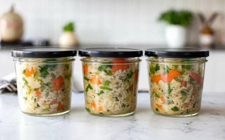 A kitchen counter with labeled airtight containers filled with vegetable soup, a freezer bag, and a microwave with a bowl of soup inside.