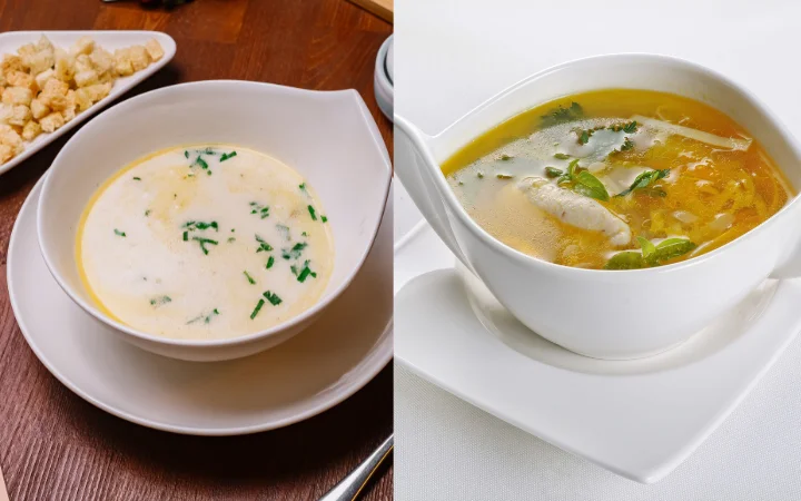 A split-view image: one side shows a clear, broth-based soup with gnocchi, veggies, and herbs; the other side displays a thicker, creamier soup with gnocchi absorbing flavors. This highlights the impact of gnocchi on soup quality, from clear to creamy textures.