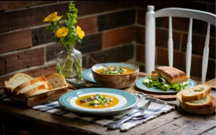 A beautifully set dining table with a bowl of vegetable soup, accompanied by sides like crusty bread, a fresh salad, and a grilled cheese sandwich.