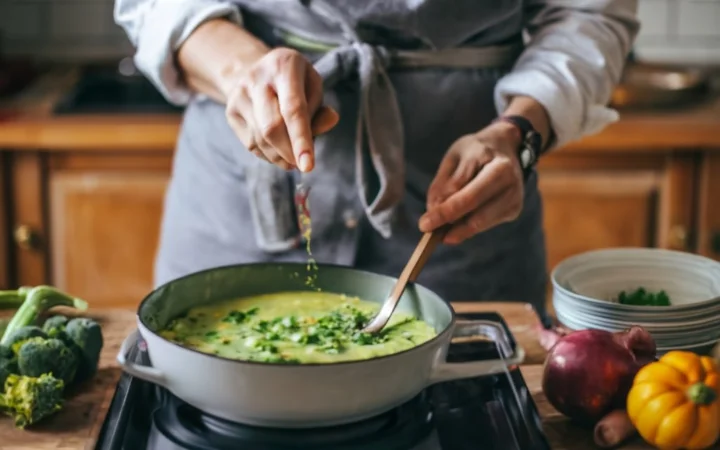 Hands chopping fresh broccoli and grating cheddar cheese, with a large pot and other soup ingredients in the background.