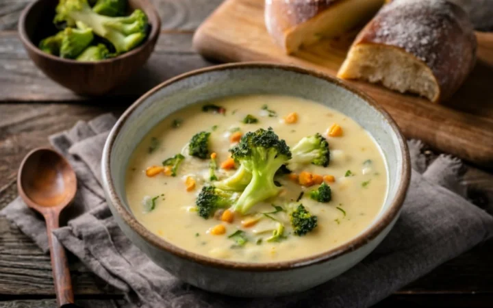 A cozy dining setting with a steaming bowl of Broccoli Cheddar Soup, surrounded by fresh ingredients and a warm, inviting ambiance.