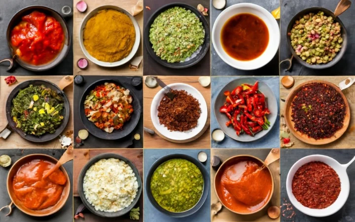  A collage of various global seasonings and sauces, symbolizing the vast world of culinary possibilities and creativity.