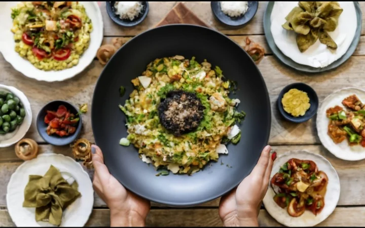 A festive dining table set with a variety of dishes, with chimichurri rice as the centerpiece, celebrating its versatility.