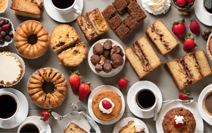 A heartwarming collage of coffee cake moments, including family gatherings, brunches, and a variety of coffee cakes, symbolizing hospitality and creativity.