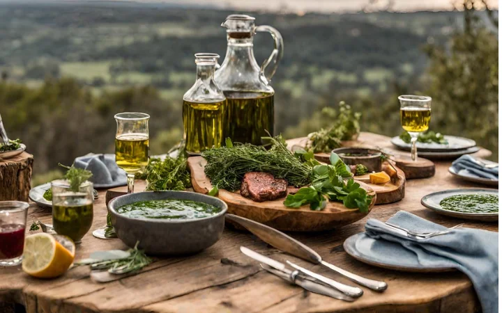 A rustic yet elegant dining table set in an outdoor Argentinian landscape, featuring various dishes enhanced with Chimichurri sauce. The table reflects the fusion of culture and simplicity, with fresh herbs, garlic, olive oil, and vinegar artfully arranged, symbolizing the sauce's journey from Argentinian gauchos to global kitchens.