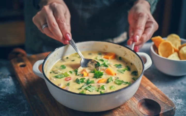 A satisfied chef presenting a finished bowl of Chicken Broccoli Cheddar Soup, with a sense of accomplishment.