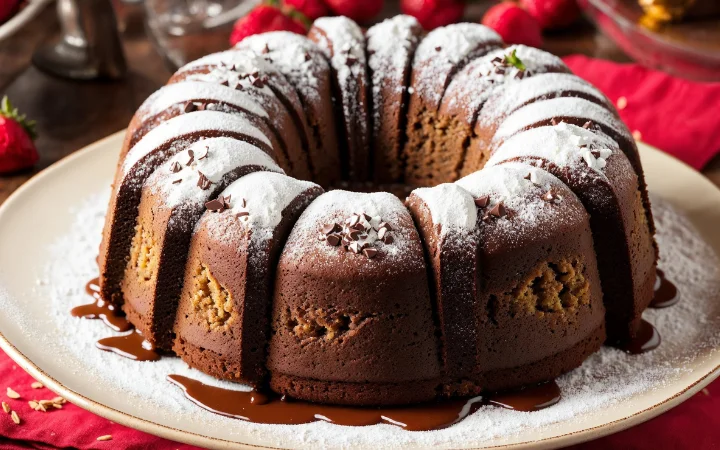 A beautifully presented chocolate pound cake on a serving plate, with a moist and tender texture, ready to be served.