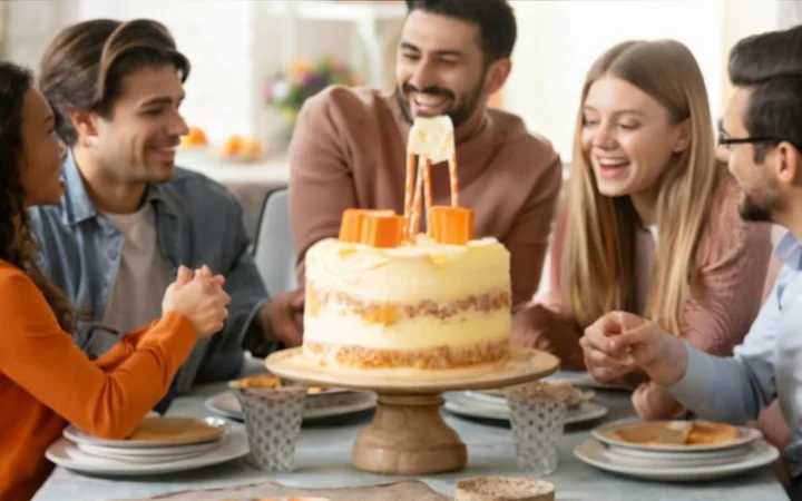 A heartwarming scene of a family gathering, capturing the joy and warmth of sharing a special dessert together.