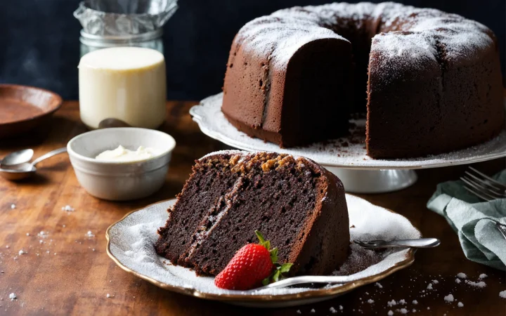 A beautifully presented chocolate pound cake sits elegantly on a vintage serving platter in the center of the image. The dessert is perfectly baked with a rich, moist texture, and a dusting of powdered sugar on top.