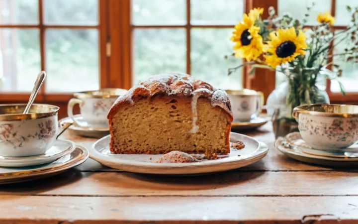 image shows a large, rustic wooden table in a cozy, sunlit room. In the center of the table is a beautifully decorated, a rich, golden-brown crust and a dusting of powdered sugar. The cake is surrounded by vintage plates, each with a slice of the cake, and cups of steaming coffee