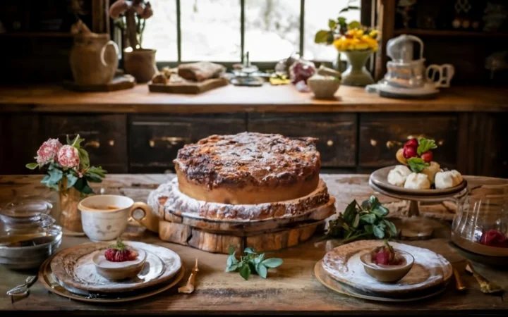 A heartwarming scene capturing the essence of a dessert enduring appeal. The image shows a large, rustic wooden table in a cozy, sunlit room. In the center of the table is a beautifully decorated coffee cake, with a rich, golden-brown crust and a dusting of powdered sugar. The cake is surrounded by vintage plates, each with a slice of the cake, and cups of steaming coffee.