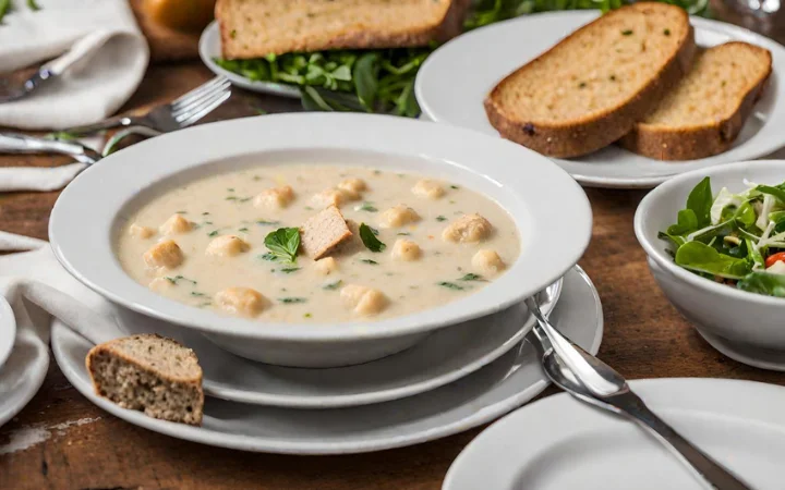  a beautifully set dining table with a nutritious bowl of Chicken Gnocchi Soup, accompanied by a side salad and whole grain bread