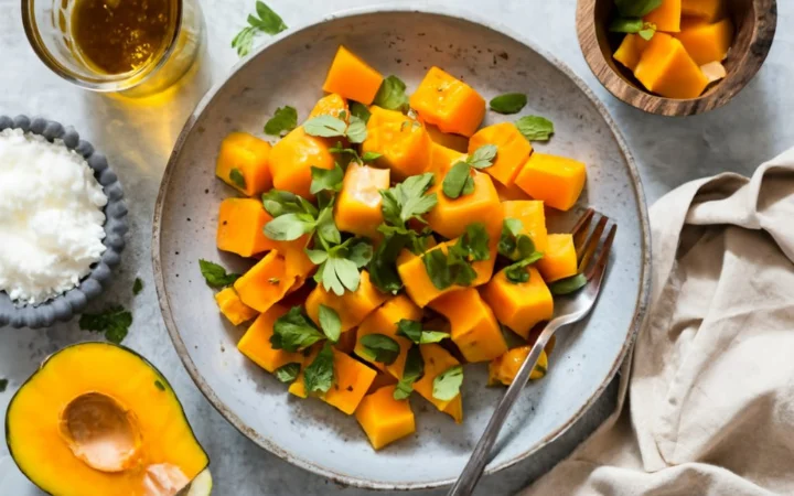 A warm, inviting kitchen scene with a variety of dishes prepared with this vegetable, symbolizing the versatility and benefits of butternut squash in cooking and health.