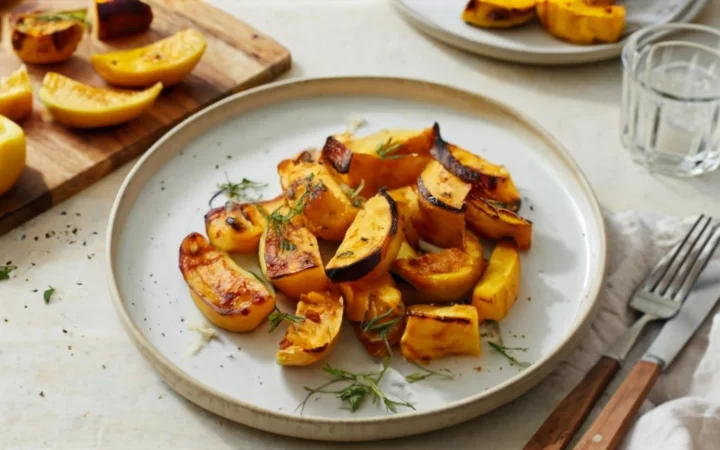 dining table, healthy dishes, sense of satisfaction and well-being, focus on butternut squash