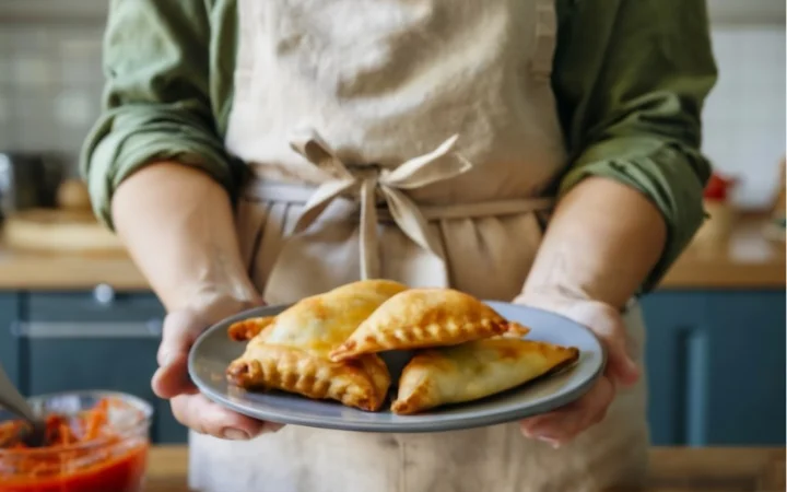 happy home cook presenting plate of freshly food, cozy kitchen background, joy of homemade cooking, inviting food scene