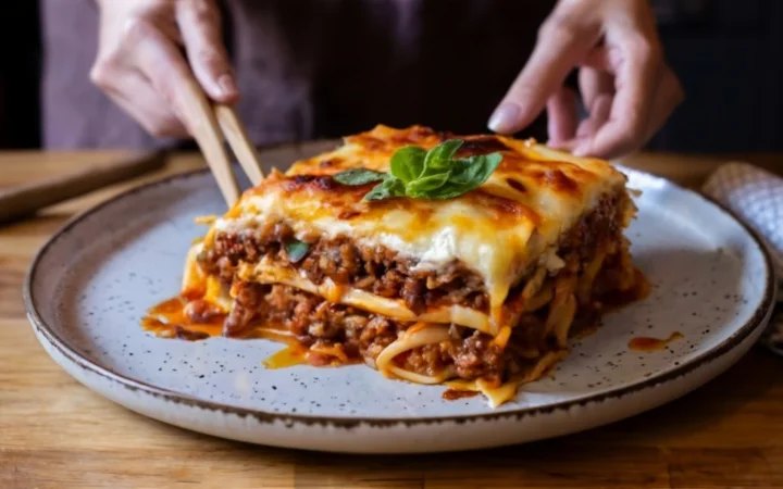 beautifully set dining table, serving of rameen lasagna noodles, side dishes, salads, iced tea