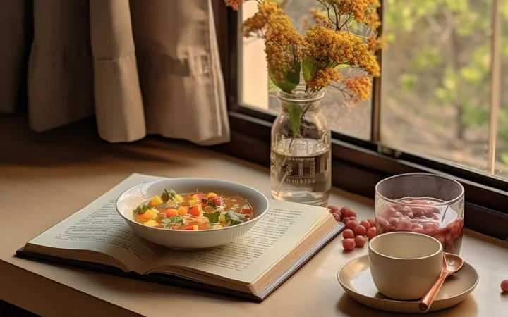 A cozy reading nook with an open book, a bowl of soup on a side table, and a backdrop of a kitchen scene.