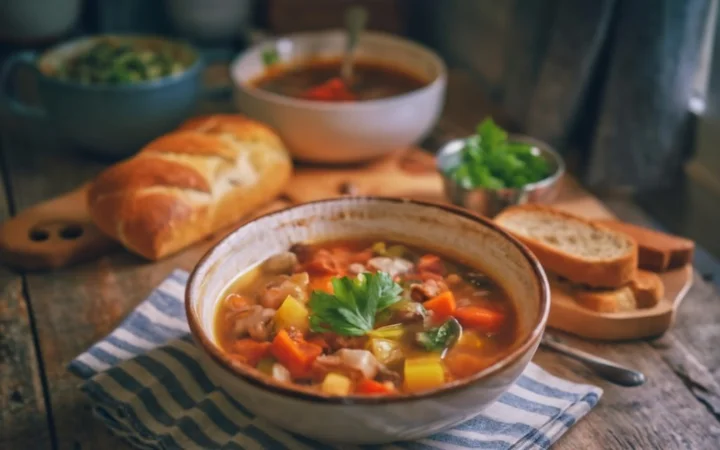 A cozy dining table setting with a hearty bowl of rich vegetable soup, warm bread, and a comforting, homey atmosphere.