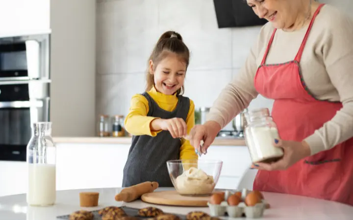 a family baking together in a home kitchen, with a warm, loving atmosphere.