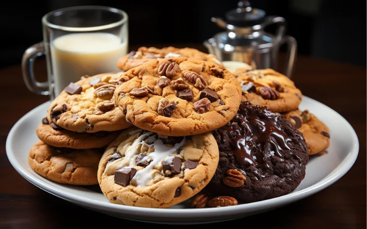 A close-up of a Cowboy Cookie, cut in half to reveal the mix of oats, pecans, and chocolate chips inside, emphasizing the texture and richness of the ingredients.