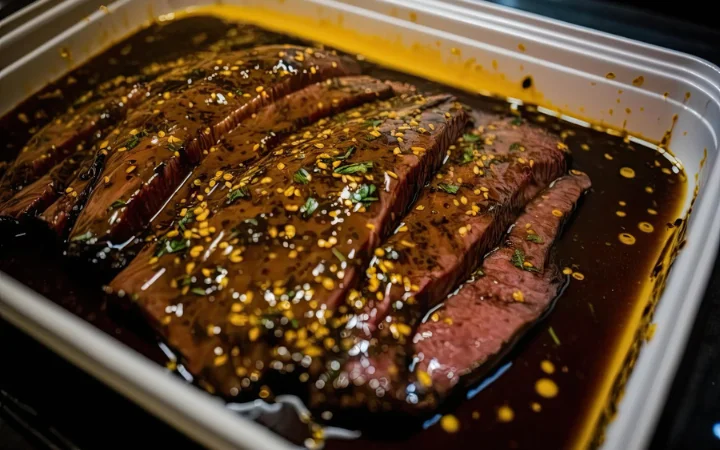 A kitchen scene with a corned beef brisket being slow-baked in an oven, surrounded by aromatics like garlic and bay leaves.