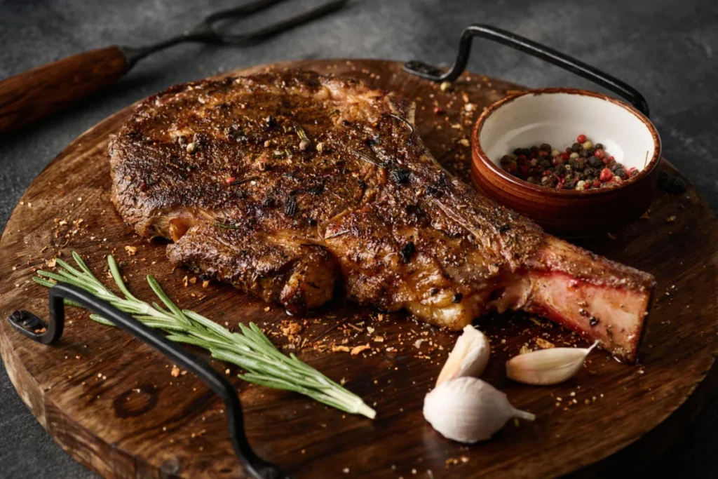 A rustic kitchen scene with an array of corned beef spices spread out on a wooden table, highlighting mustard seeds, coriander, peppercorns, and bay leaves.