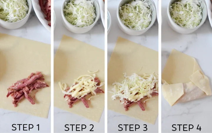 A step-by-step preparation of egg rolls, featuring ingredients like sliced corned beef, cabbage, and Swiss cheese, alongside egg roll wrappers ready for rolling.