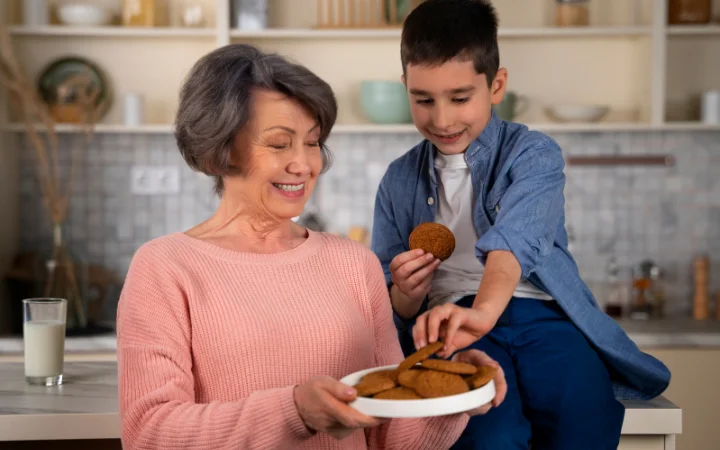 A modern kitchen scene showing healthier and vegan versions of cookies, with alternative ingredients like whole wheat flour and plant-based butter.