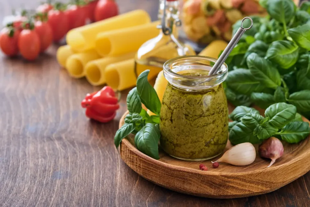 vibrant and colorful kitchen scene featuring a bowl of freshly made Chimichurri sauce, surrounded by its key ingredients like parsley, garlic, and olive oil, capturing the essence of Argentinian culinary culture.