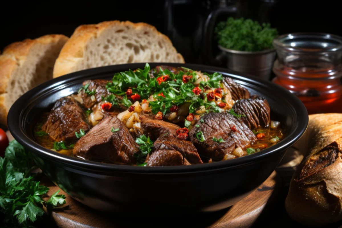 A traditional Dutch oven filled with corned beef, surrounded by fresh herbs and spices on a rustic kitchen table, symbolizing the beginning of a culinary journey.