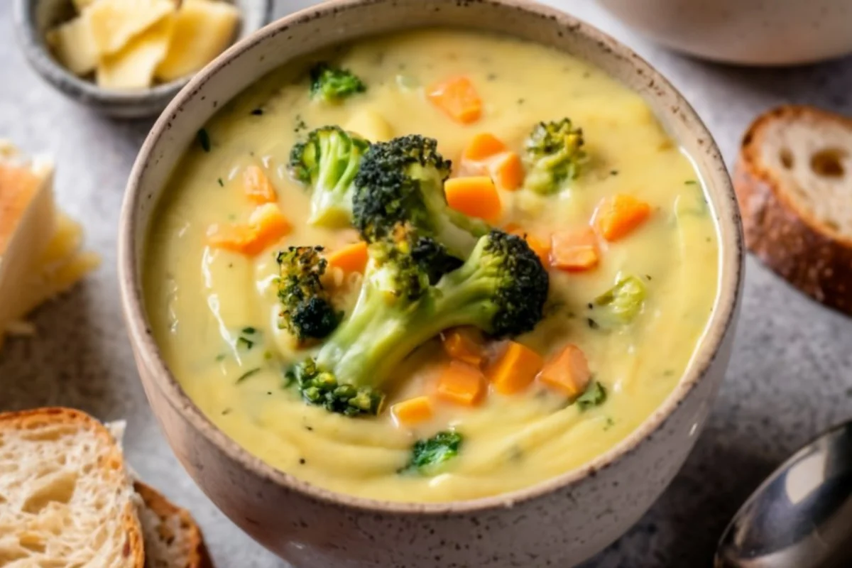 A warm, inviting bowl of creamy Broccoli Cheddar Soup garnished with shredded cheddar cheese and fresh parsley, served on a rustic wooden table.