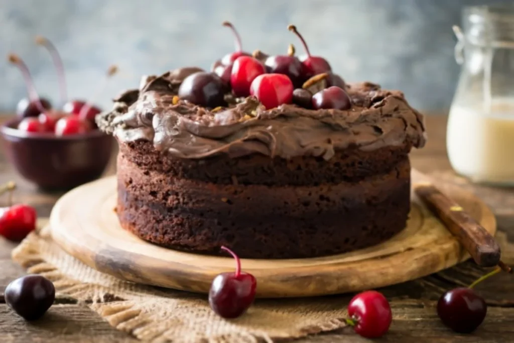 A warm, inviting image of a freshly baked Chocolate Cherry Dump Cake in a rustic kitchen setting, showcasing the rich chocolate layers and vibrant cherry filling.