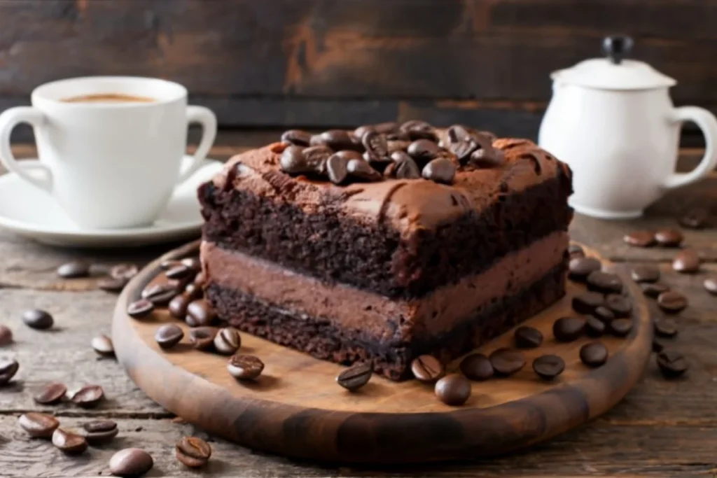 A freshly baked chocolate coffee cake on a rustic wooden table, with a steaming cup of coffee beside it.