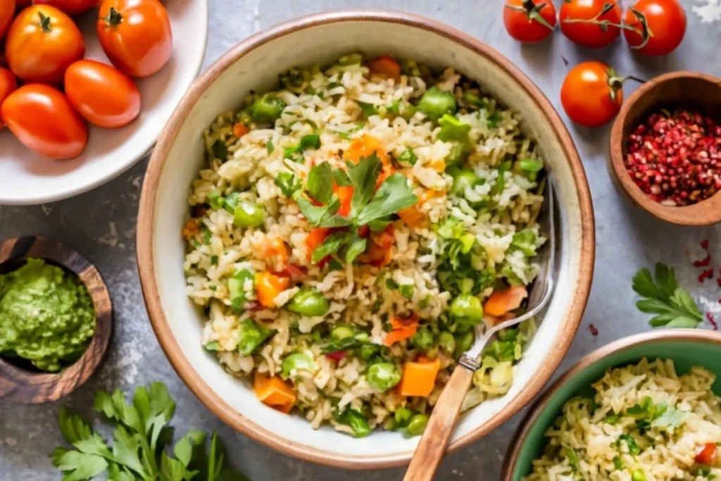 A welcoming kitchen scene featuring a bowl of vibrant chimichurri rice, showcasing its colorful appearance and fresh ingredients.