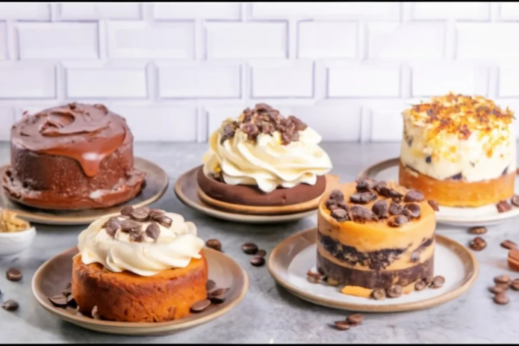 A variety of cakes displayed on a table, showcasing different flavors and styles, including a prominent coffee cake with its unique streusel topping.