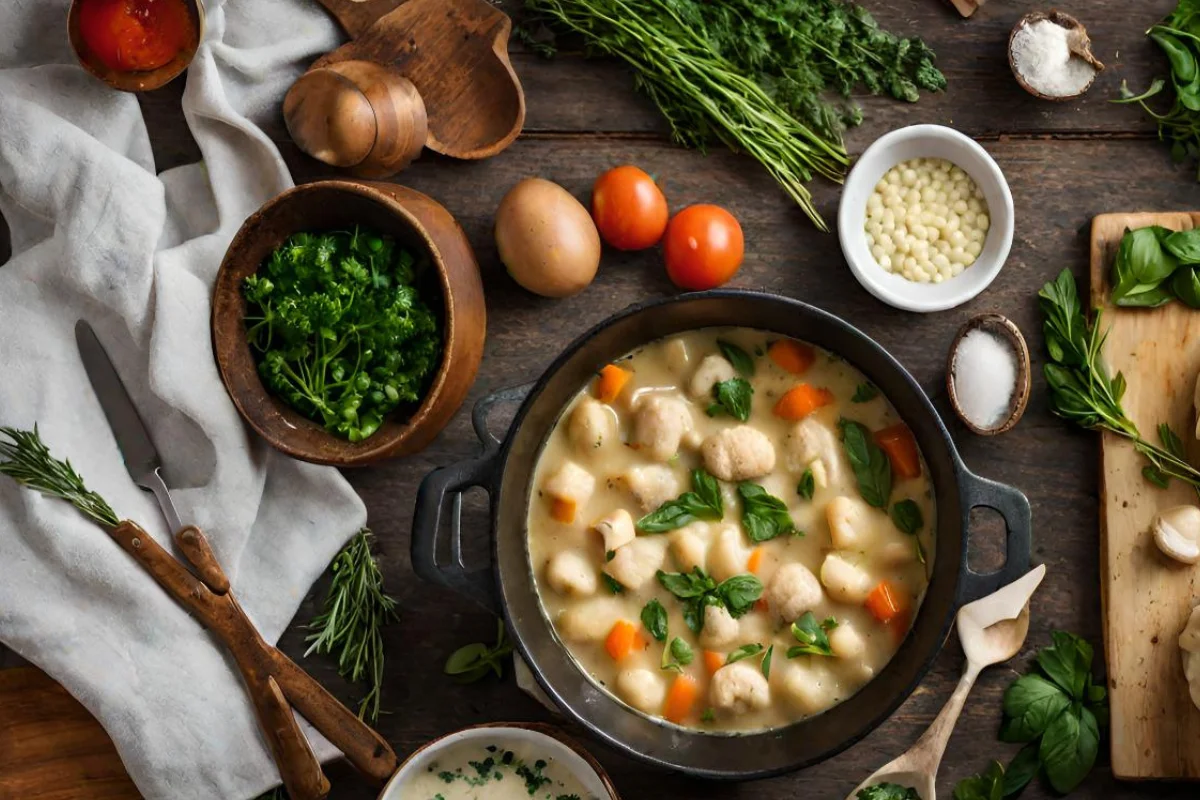 A cozy kitchen scene with a steaming pot of Chicken Gnocchi Soup on the stove, surrounded by fresh ingredients like chicken, gnocchi, and herbs, capturing the essence of Italian comfort food.