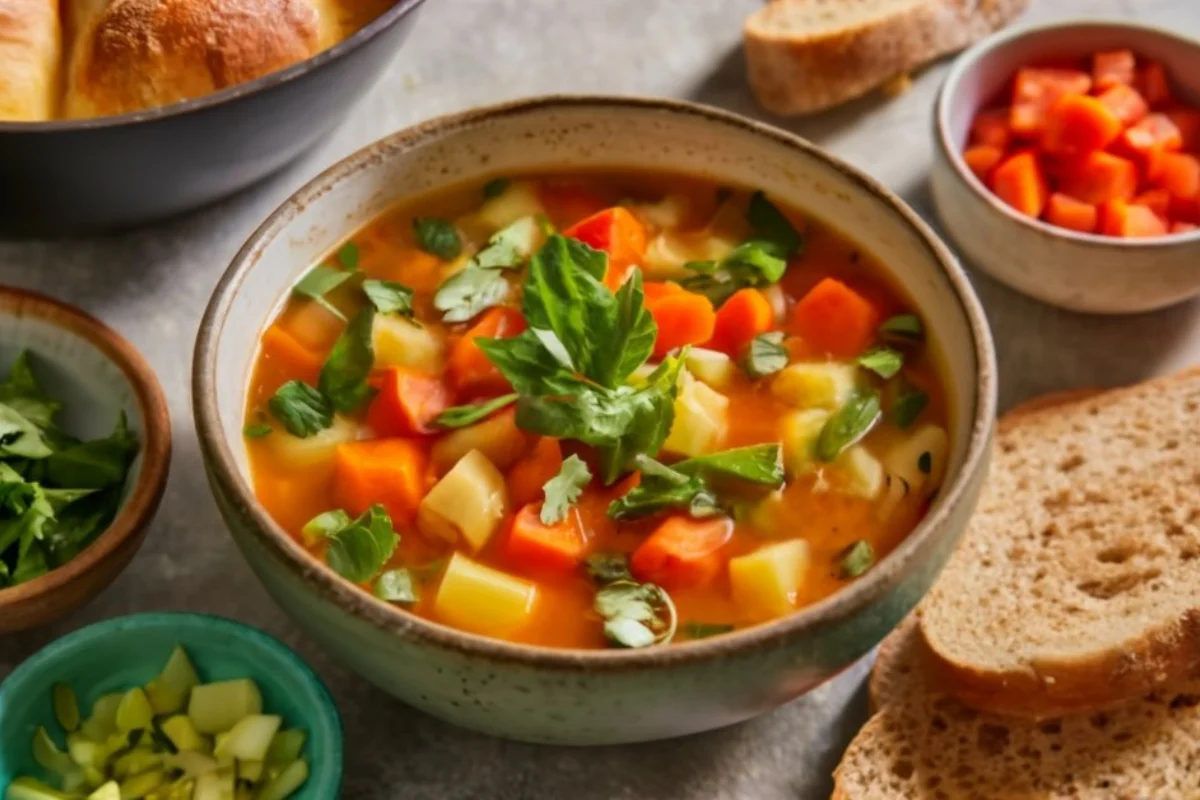 A steaming bowl of Panera Bread's 10 Vegetable Soup, garnished with fresh herbs and surrounded by fresh vegetables.