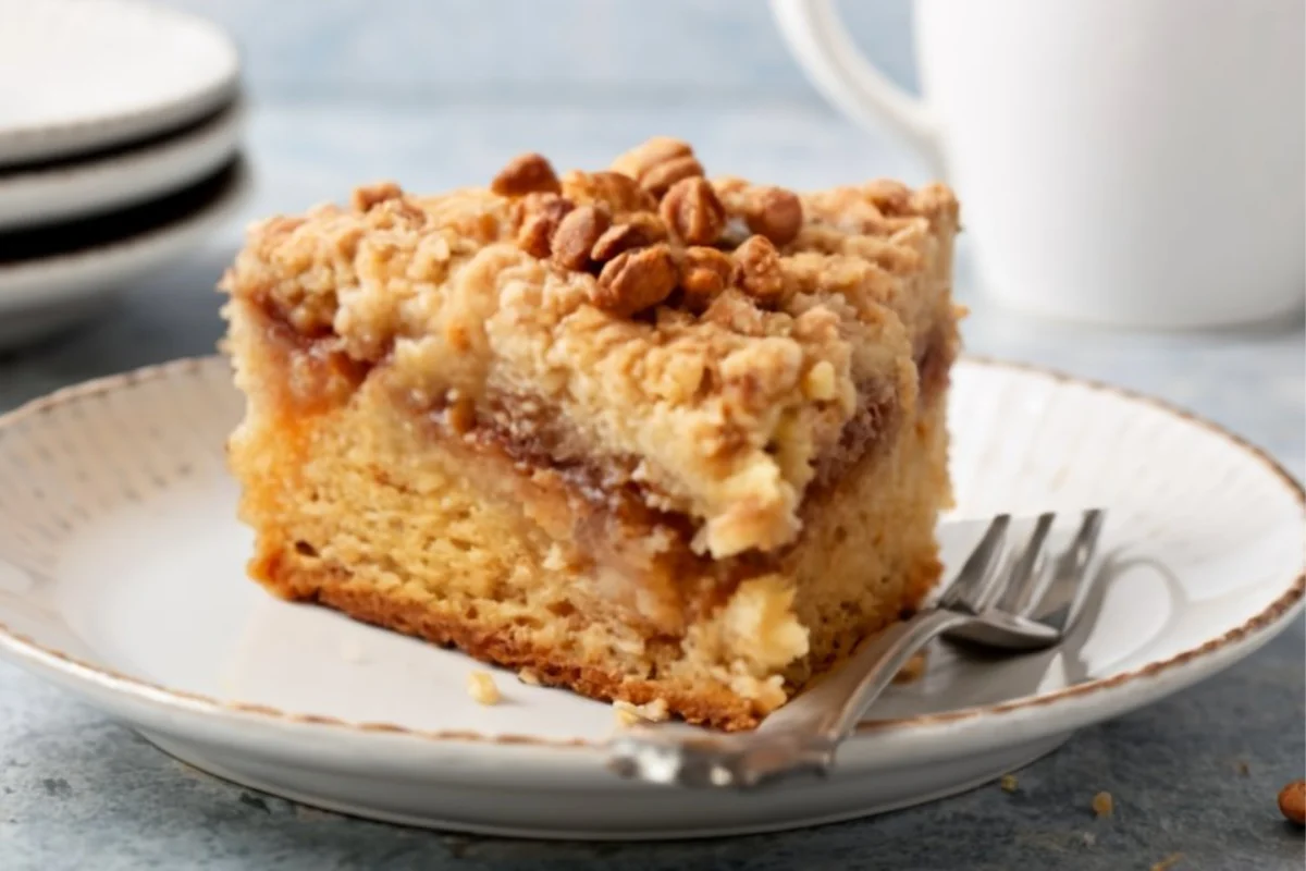 Close-up of a slice of coffee cake with crumbly streusel topping and cinnamon ribbon, placed on a delicate china plate.