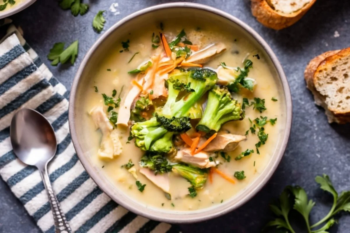 A warm, inviting bowl of Chicken Broccoli Cheddar Soup, garnished with fresh herbs.