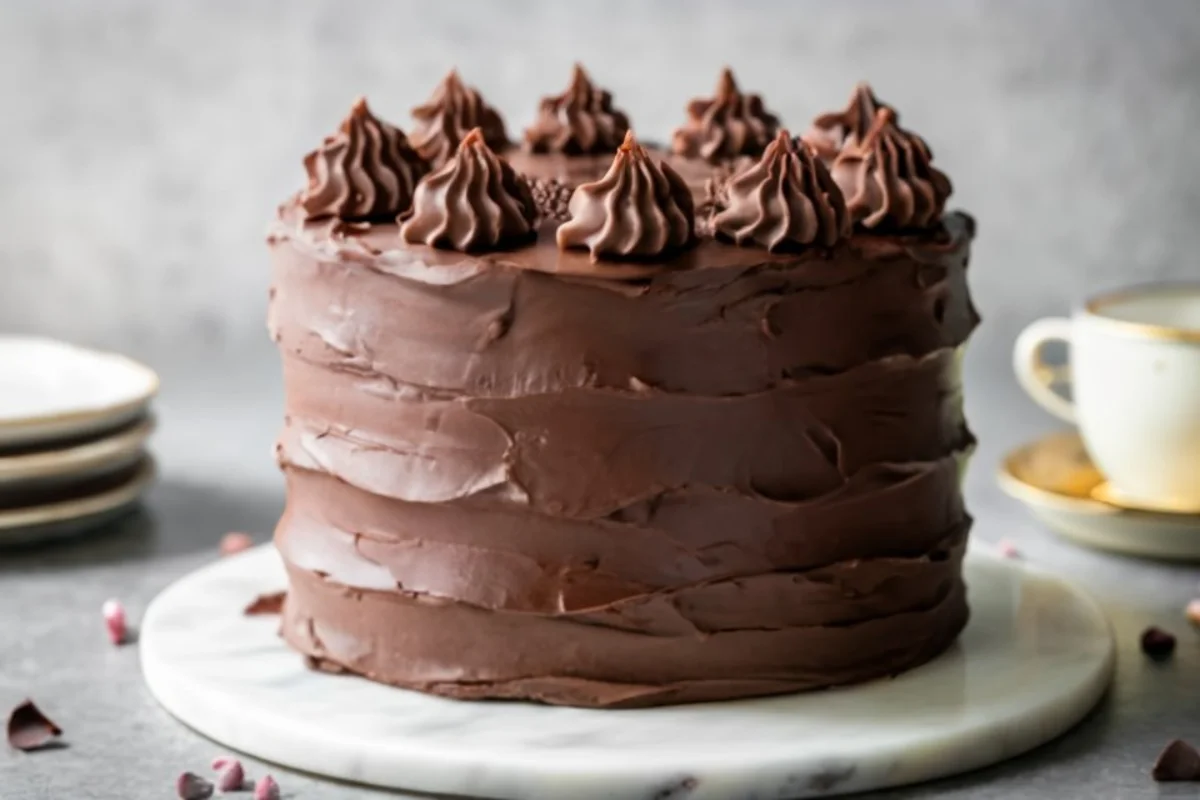 A luxurious chocolate ganache cake displayed elegantly, highlighting its rich, glossy chocolate frosting and moist cake layers.