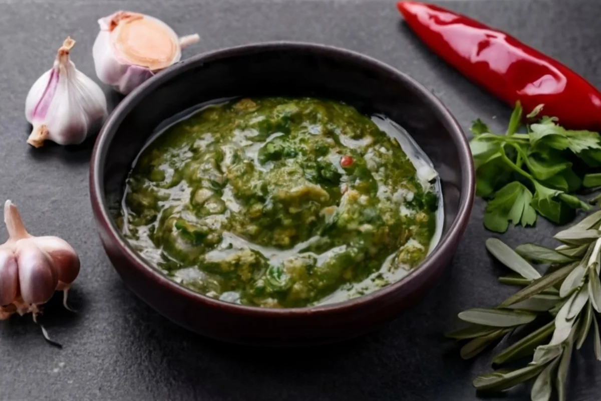 A vibrant and colorful image of chimichurri sauce in a bowl, surrounded by fresh herbs, garlic, olive oil, and vinegar on a rustic wooden table.