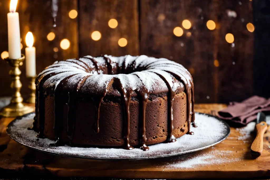 A visually appealing and rich chocolate pound cake, showcasing a perfect balance of moisture and texture. The cake is set against a warm, inviting kitchen background, highlighting the art and science of baking that leads to a delectable and moist dessert.