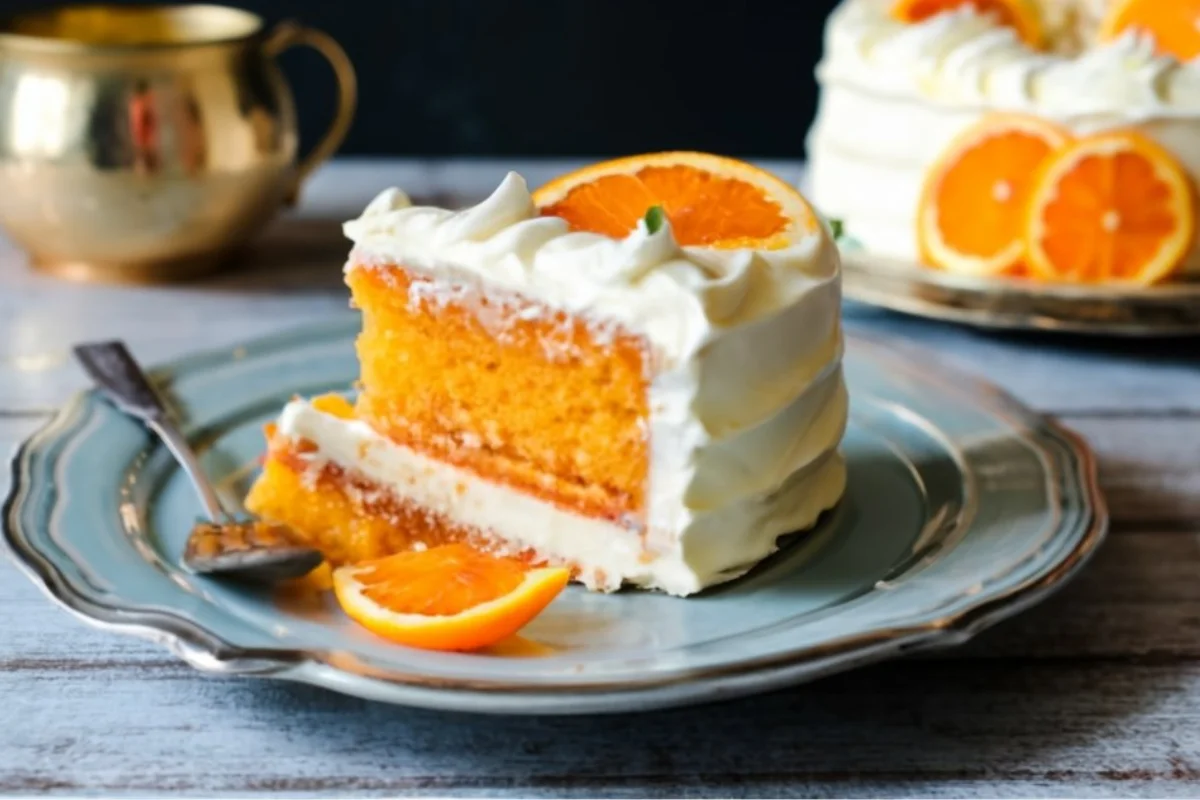 a cozy home kitchen scene with a freshly baked slice of orange cake served on an antique plate. The cake has a bright orange color with a creamy white frosting, garnished with a piece of candied orange, orange zest, and a mint leaf on top. The cake is sitting on a blue and white striped cloth on a wooden table, suggesting a warm, inviting summer dessert atmosphere