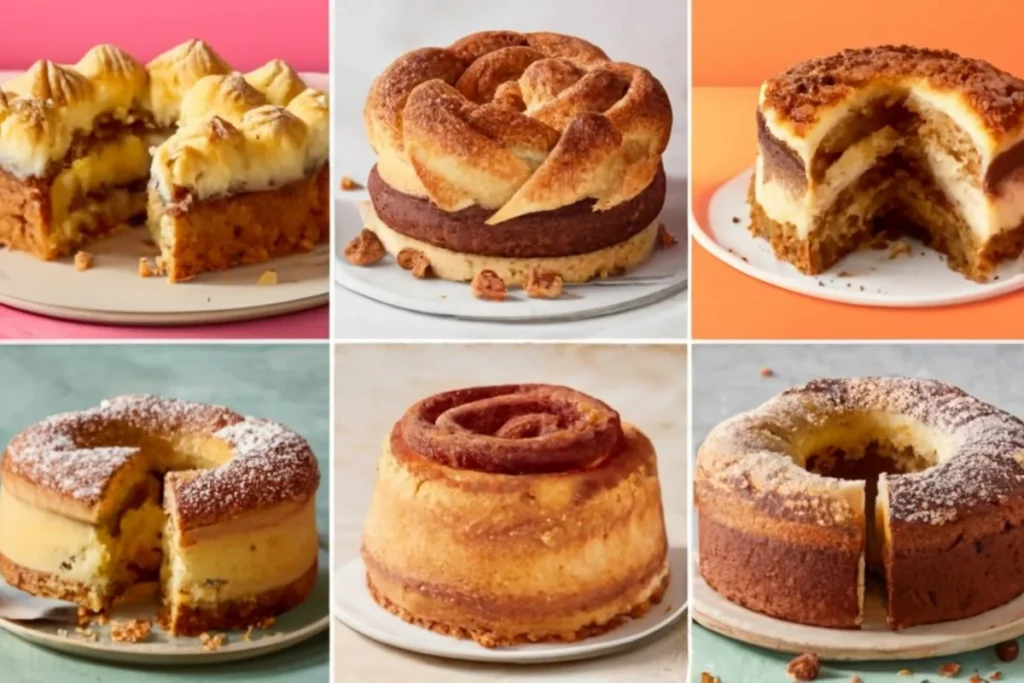 A vibrant and colorful collage showcasing an array of coffee cakes from around the world. The image features a German streuselkuchen with its crumbly topping, a Danish cinnamon swirl cake, an American coffee cake with a thick cinnamon streusel layer, and a British coffee walnut cake with coffee-flavored icing. Each cake is distinct in its presentation, highlighting the diverse culinary traditions.