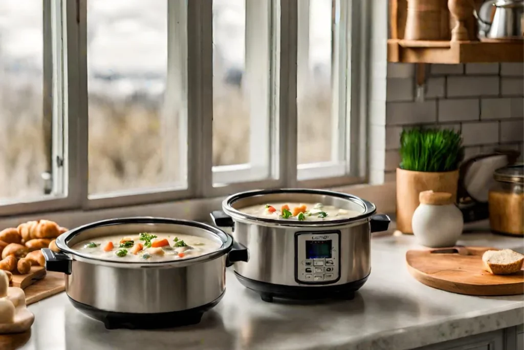 A welcoming kitchen scene featuring a crockpot simmering with Chicken Gnocchi Soup, giving off a steamy, inviting aroma. The background shows a cozy, homey kitchen setting with a window looking out to a chilly evening, emphasizing the comforting nature of the dish.