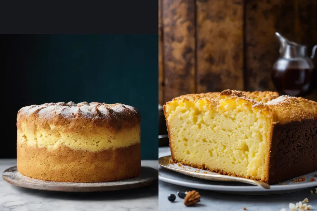 A split image showing two contrasting styles of cakes. On one side, a classic pound cake with a golden-brown crust, dense texture, and sliced to reveal its moist crumb. On the other side, a variety of modern cakes including a light and airy sponge cake and a decadent chocolate cake with fluffy frosting.