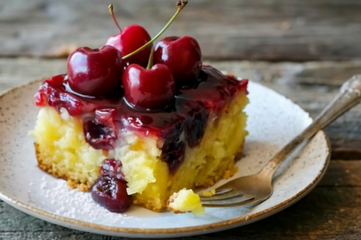 A beautifully presented dump cake with cherry and pineapple layers, served on a rustic wooden table. The cake has a golden-brown crust and a spoon scooping out a portion, revealing the gooey fruit layer inside.