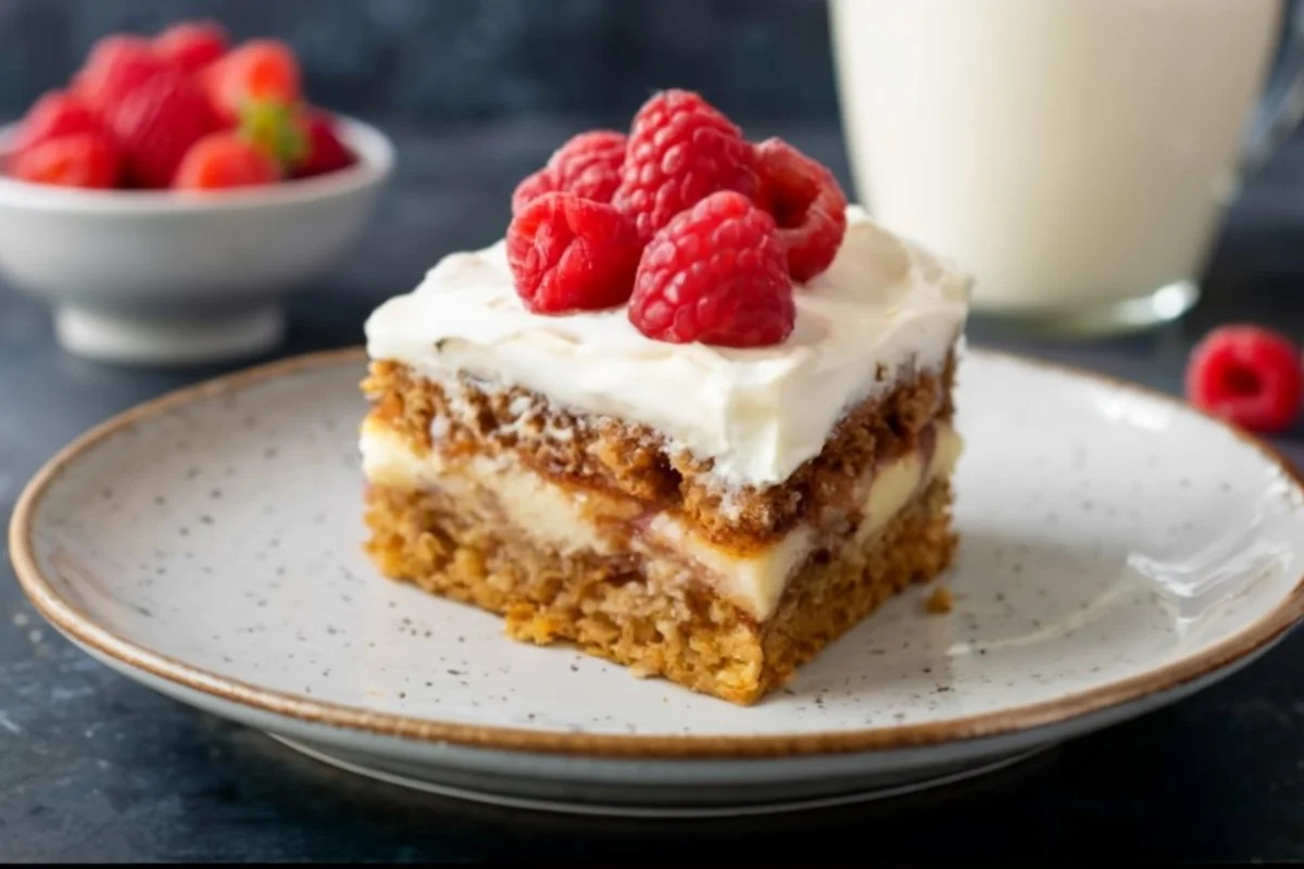 elegantly served slice of dump cake, fine porcelain plate, garnished with whipped cream fresh fruit, with caramelized top background